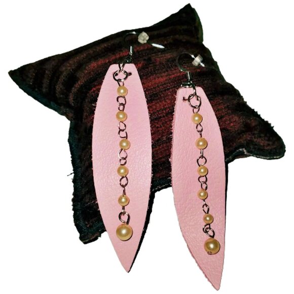 Hand Crafted Jewelry - Handmade Posh Pink n Pearls Long Duster Leather Earrings Leaf Shape Lightweight